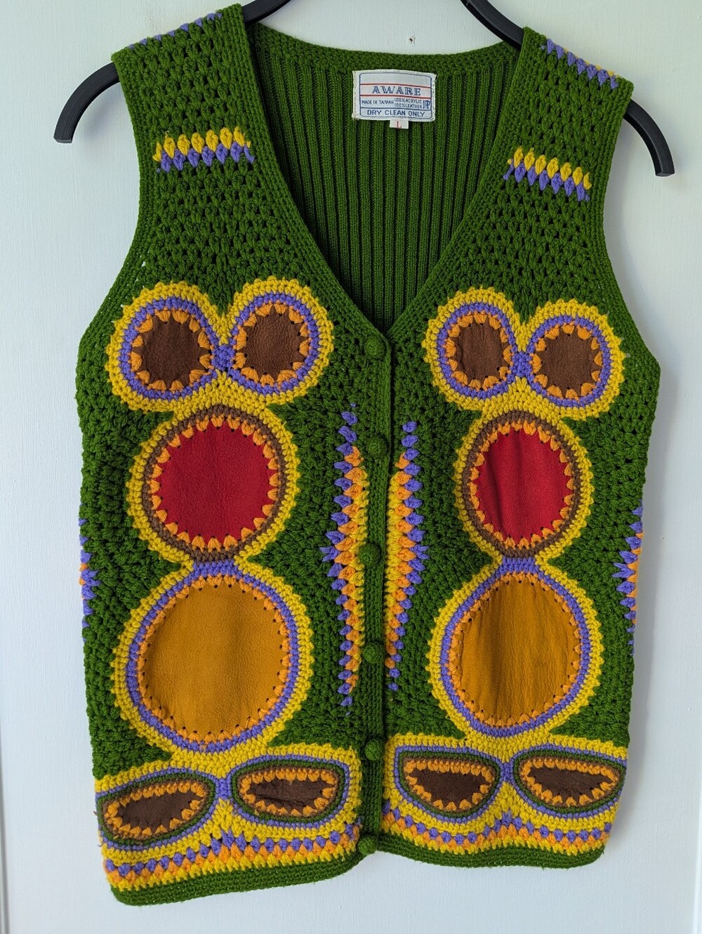 TRUE vintage Aware 1970s Crochet Suede leather Sweater Vest Green 70s Large - Picture 2 of 10